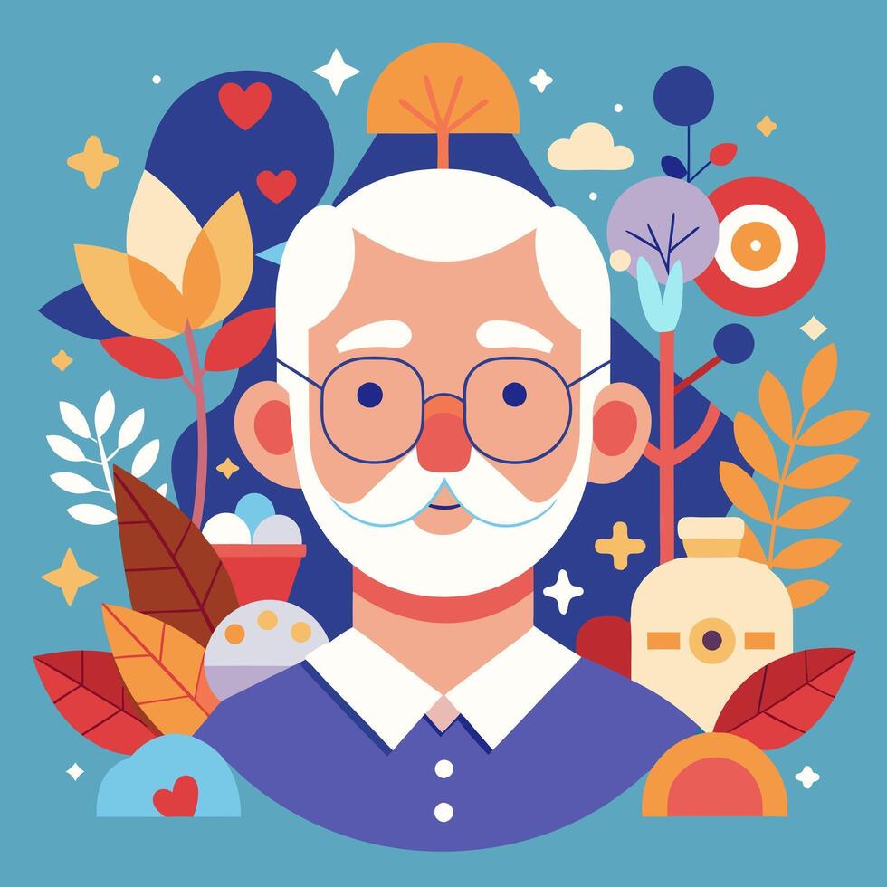 An illustration of an old man with a mustache and glasses surrounded by plants and flowers vector