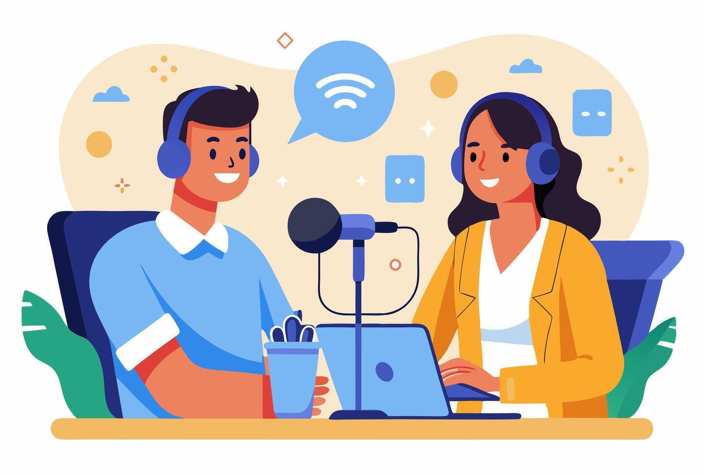 A man and woman sitting at a desk with headphones on vector
