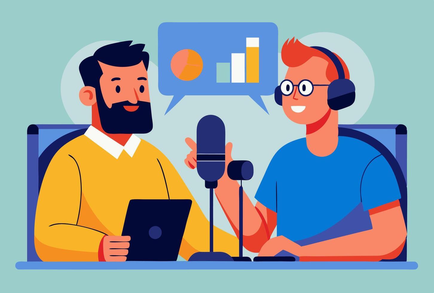 Two men are sitting at a table with a microphone and laptop vector