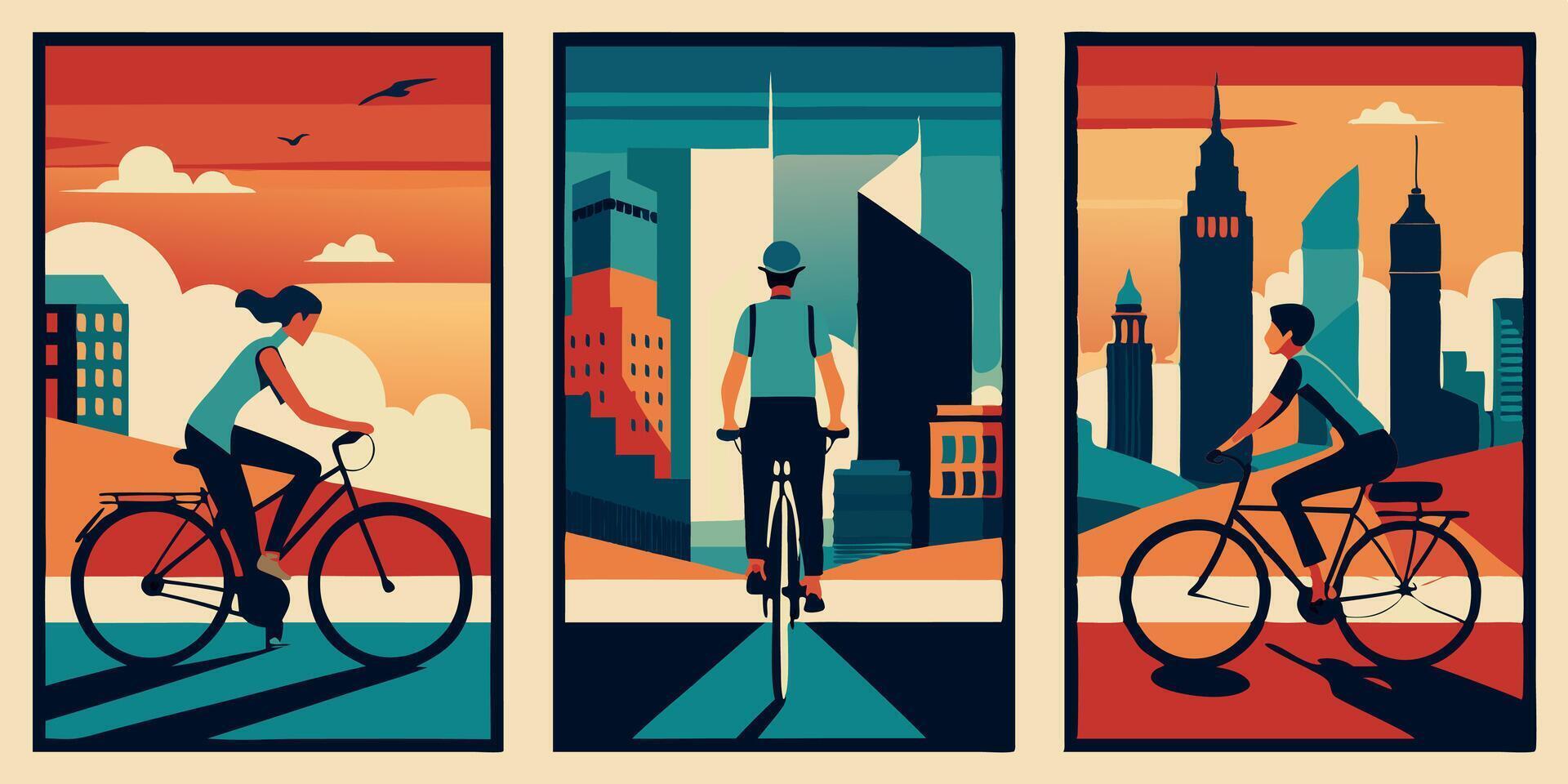 Three posters depicting people riding bicycles in the city vector