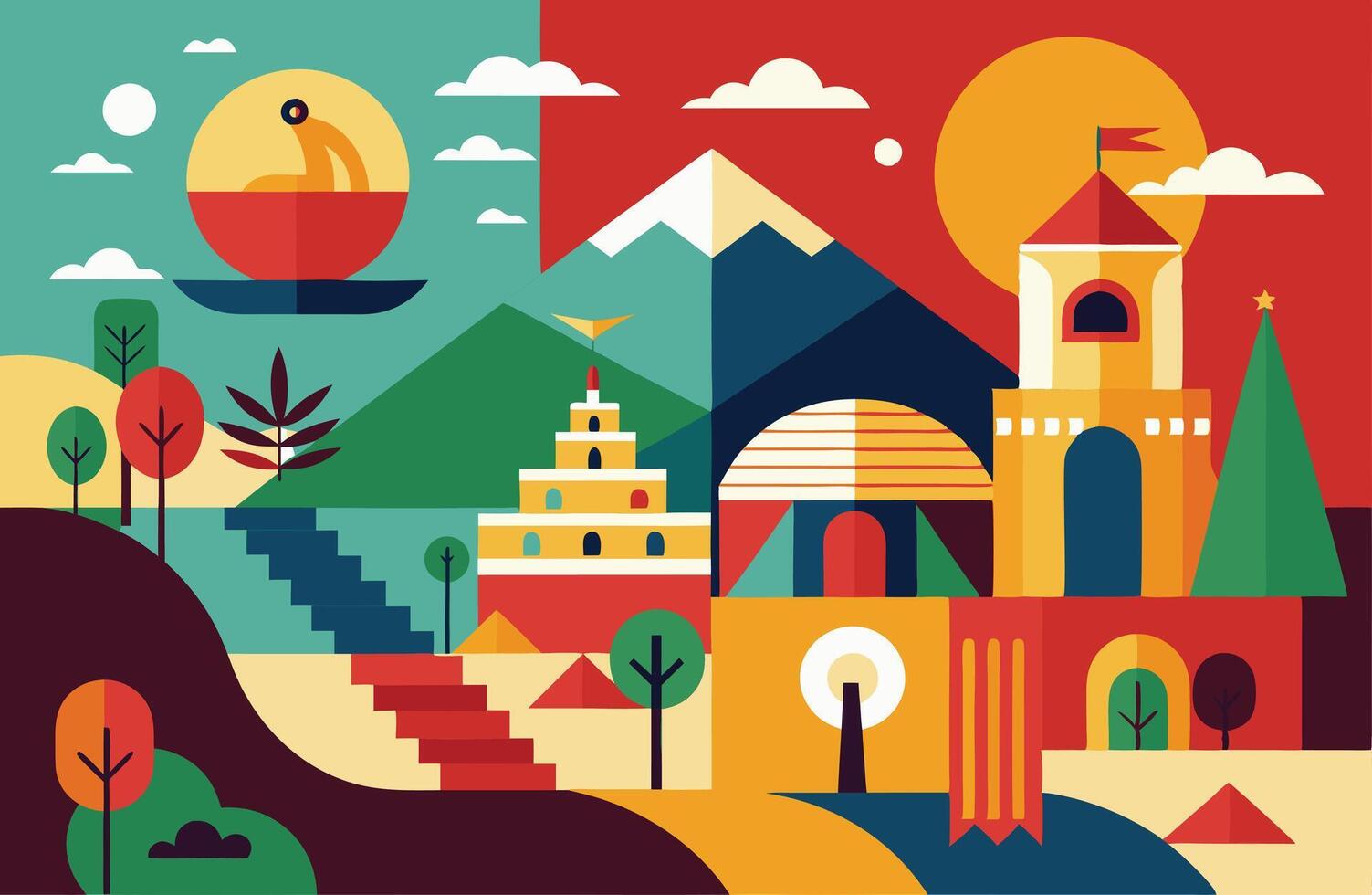 An illustration of a colorful landscape with mountains and trees vector