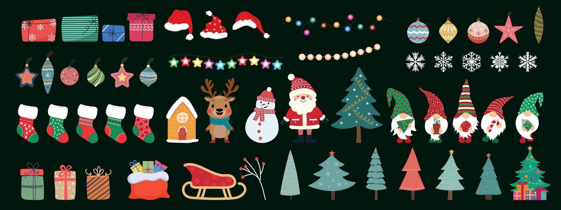 Big Christmas set of design elements. Christmas tree, Santa, toys and other New Year elements. vector