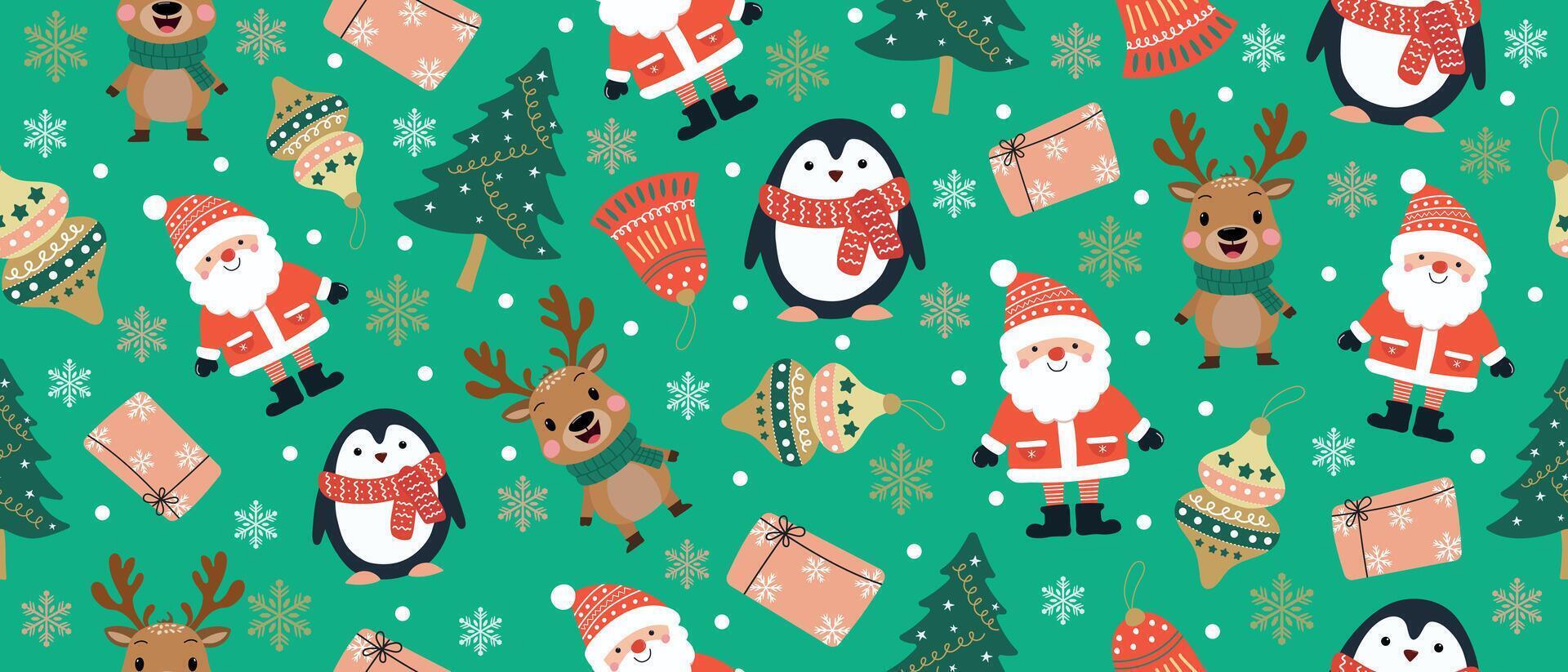 Seamless pattern on green background with new year or christmas. Christmas wallpaper elements, gift wrapping paper, poster banner mockup or card template. vector