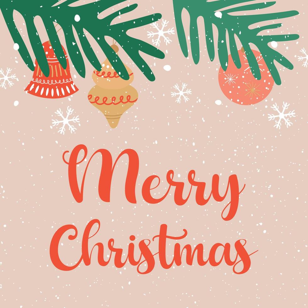 Fashionable Christmas card with fir branches and toys in minimalist style. vector