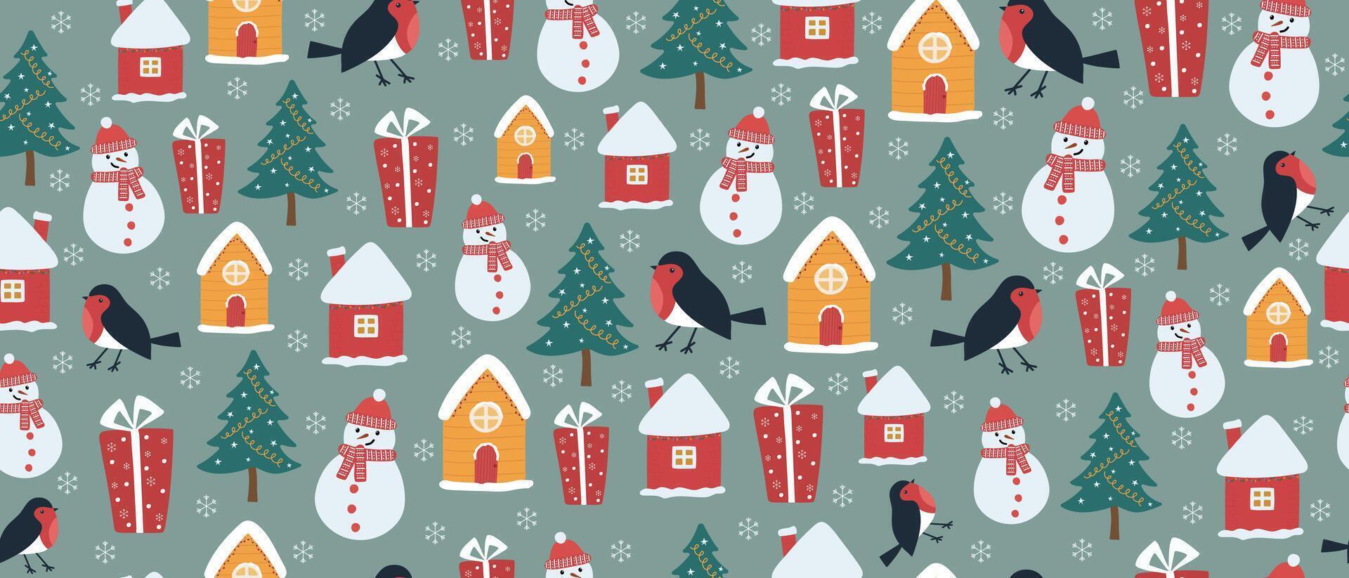 Seamless Christmas pattern with snowman, tit, and snow-covered houses. vector