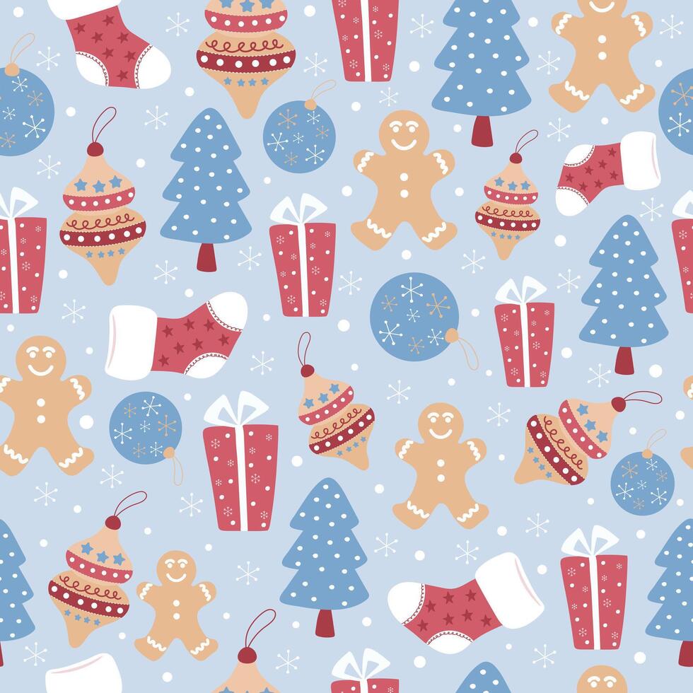 Seamless pattern with cute Christmas elements, gingerbread man, trees and toys. Christmas illustration. vector