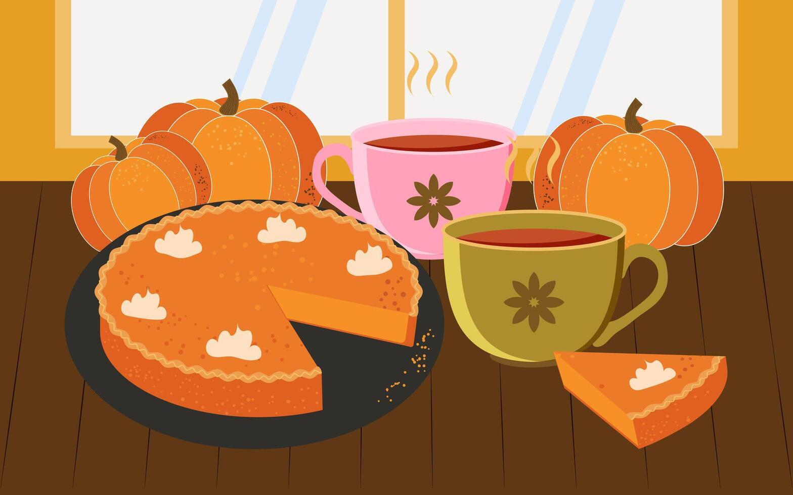 Autumn October still life with pumpkin pie and hot tea on the kitchen table. vector