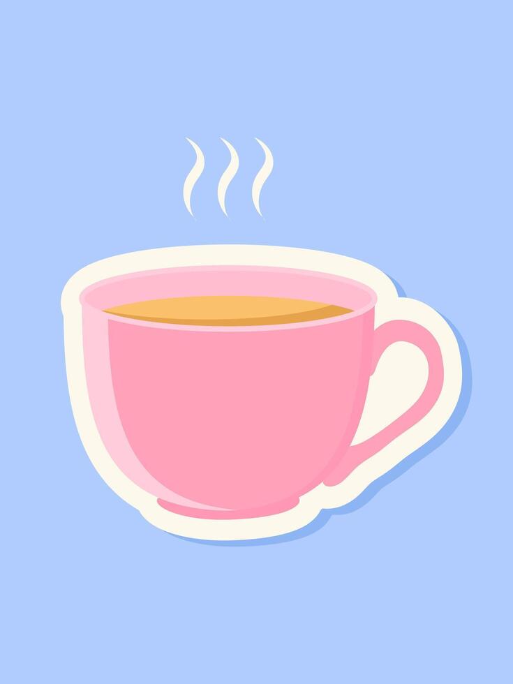 Pink cup with hot coffee drink isolated on a blue background as a sticker. vector