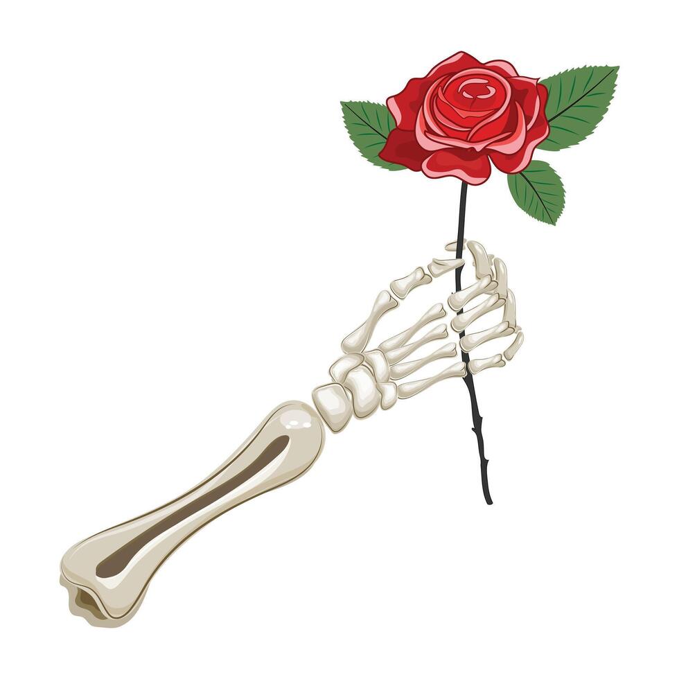 Skeleton hand gripping a red rose. Halloween and day of the dead concept illustration vector