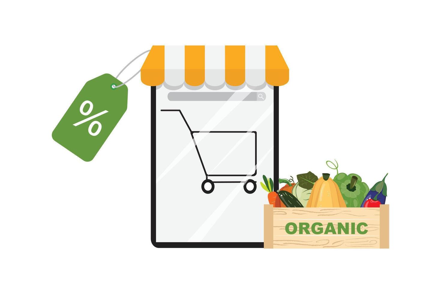 Organic veggies in a wooden box beside a cellphone with a shopping cart icon and sale tag on the left. Online supermarket vector