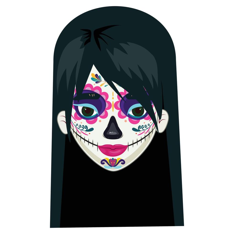 Stunning face paint on a girl for Dia de los Muertos, honoring the Day of the Dead festival vector