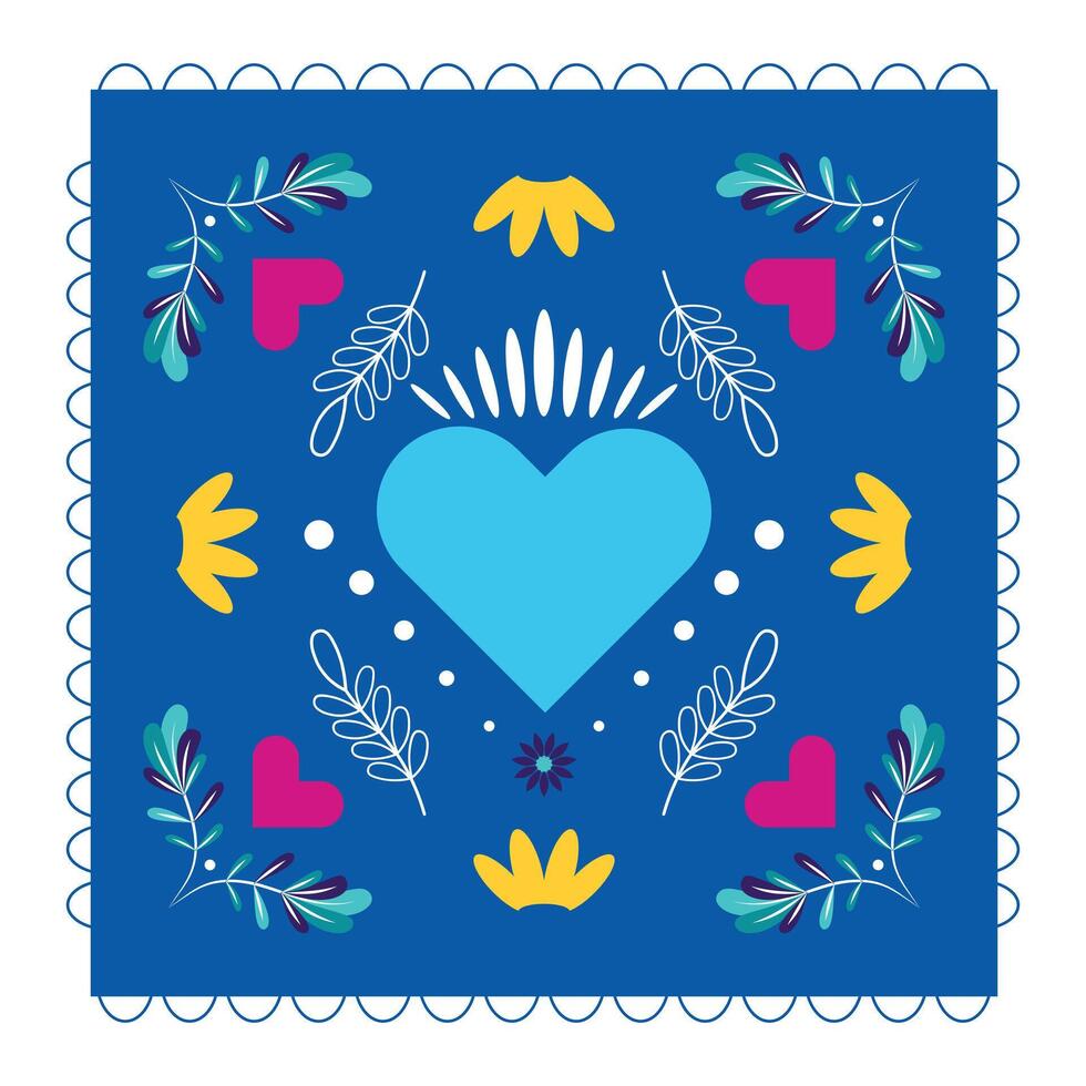 Traditional blue papel picado with a central heart, adorned with flowers and leaves for festive decor vector