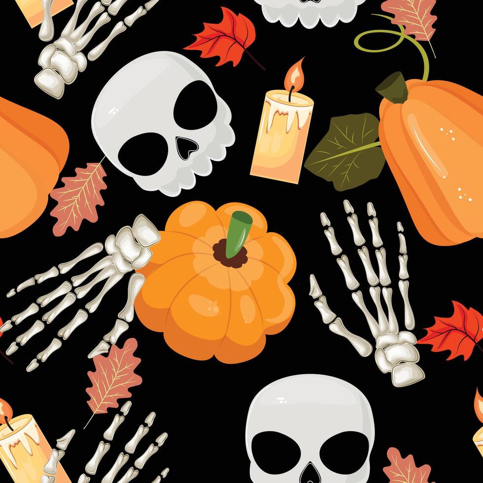 Spooky Halloween background with skulls, pumpkins, skeleton hands, candles and leaves on a dark background. Seamless pattern vector