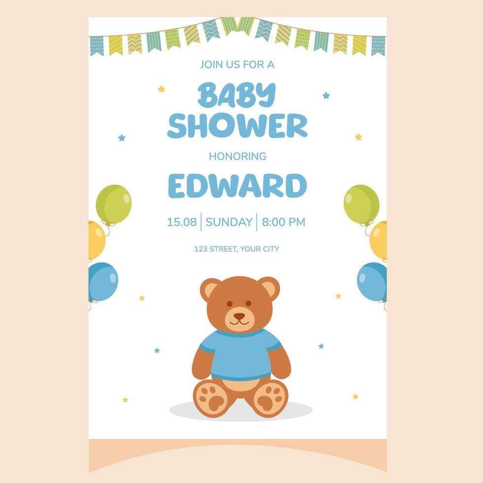 Baby shower party invitation. It's a boy. Invitation with teddy bear toy. Template for party invitation, poster, greeting card. vector