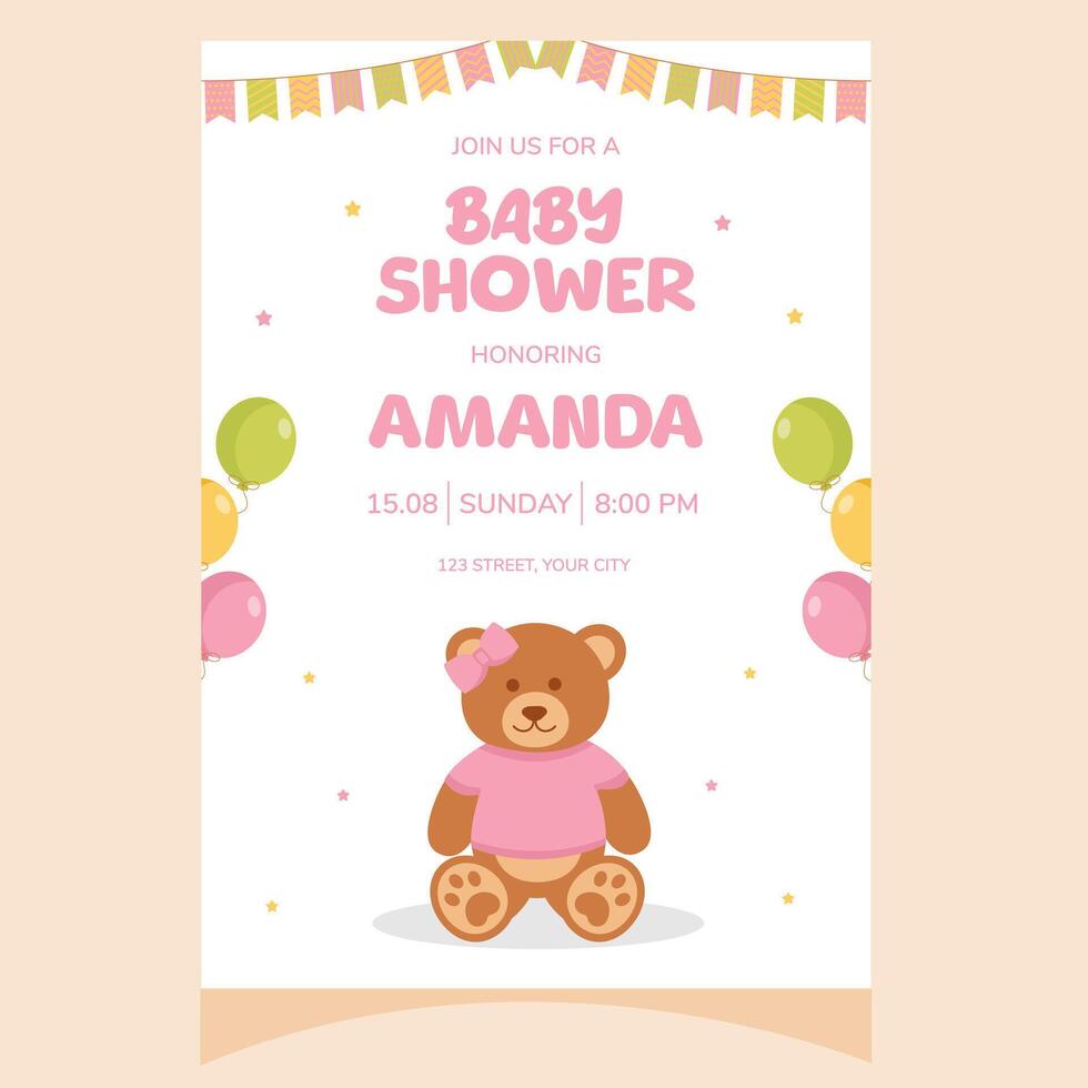 Baby shower party invitation. It's a girl. Invitation with teddy bear toy. Template for party invitation, poster, greeting card. vector
