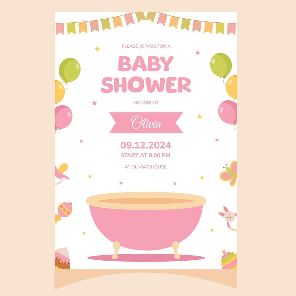 Baby shower party invitation. It's a girl. Invitation with baby bath. Template for party invitation, poster, greeting card. vector