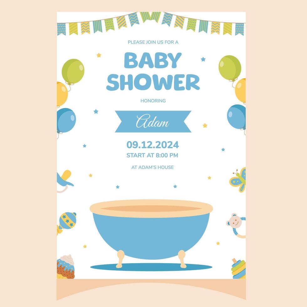 Baby shower party invitation. It's a boy. Invitation with baby bath. Template for party invitation, poster, greeting card. vector