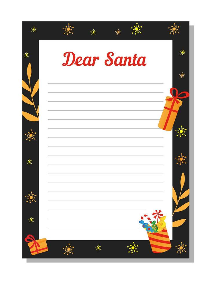 New Year letter to Santa Claus, wish list. Holiday new year decoration template. Page for New Year's wish list. vector