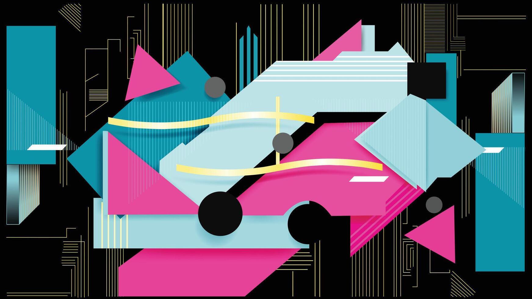 Abstract background Memphis Design Style characterized by geometric shapes on black background vector