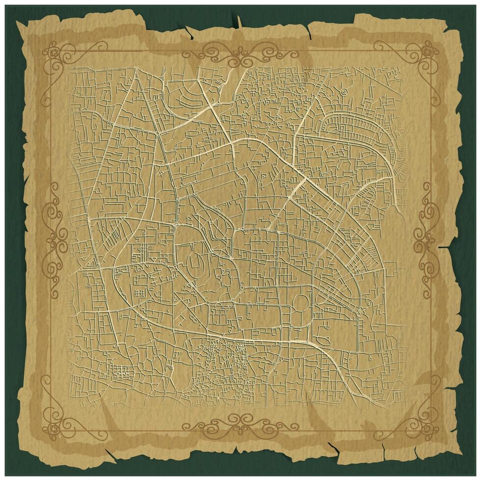 A vintage design background frame for a center city street map of Dhaka Bangladesh,, golden filigree patterns,and paper texture to give it a painting feel vector