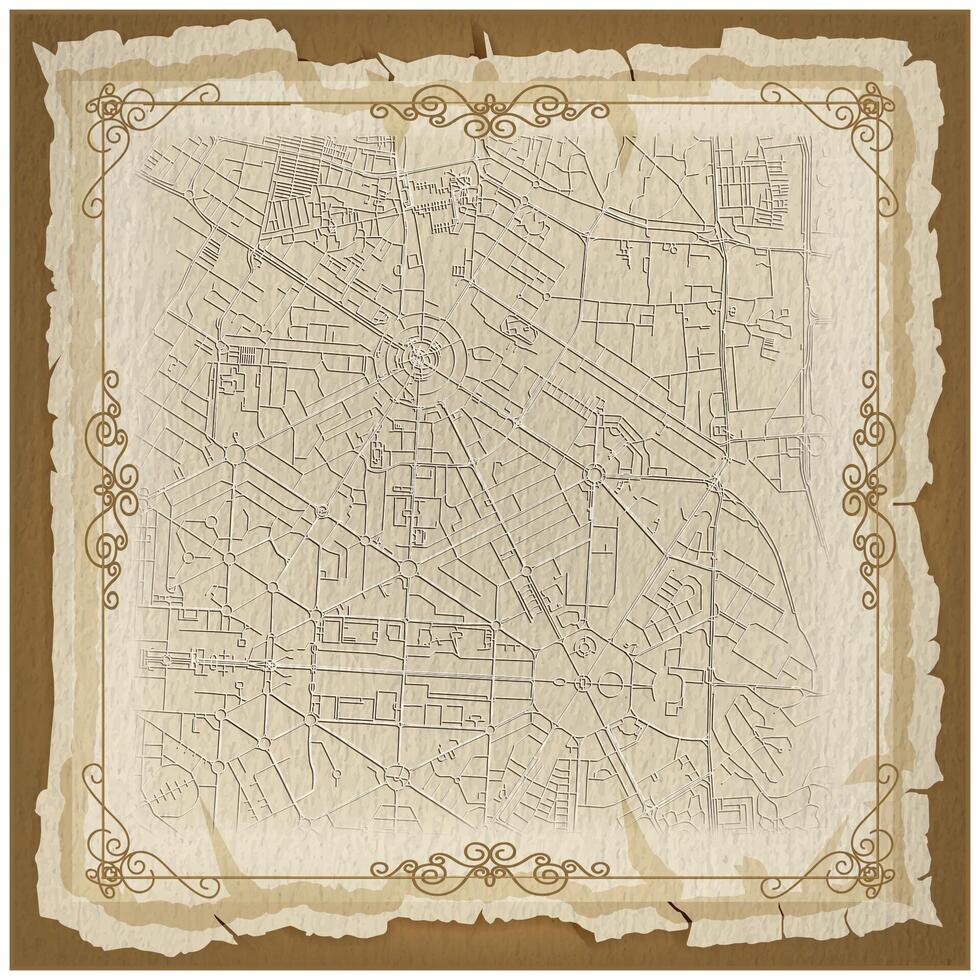 A vintage design background frame for a center city street map of Delhi India , golden filigree patterns,and canvas texture to give it a painting feel. vector
