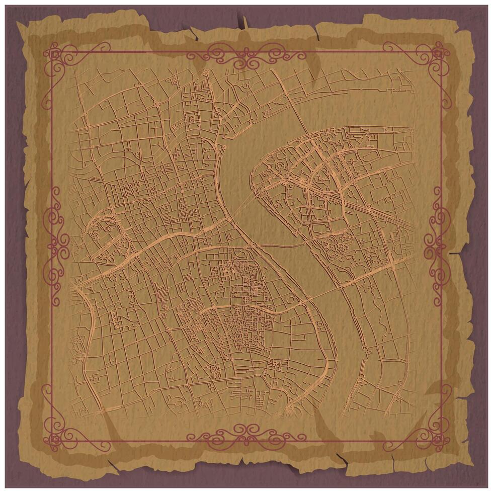 A vintage design background frame for a center city street map of Shanghai China , golden filigree patterns,and canvas texture to give it a painting feel. vector