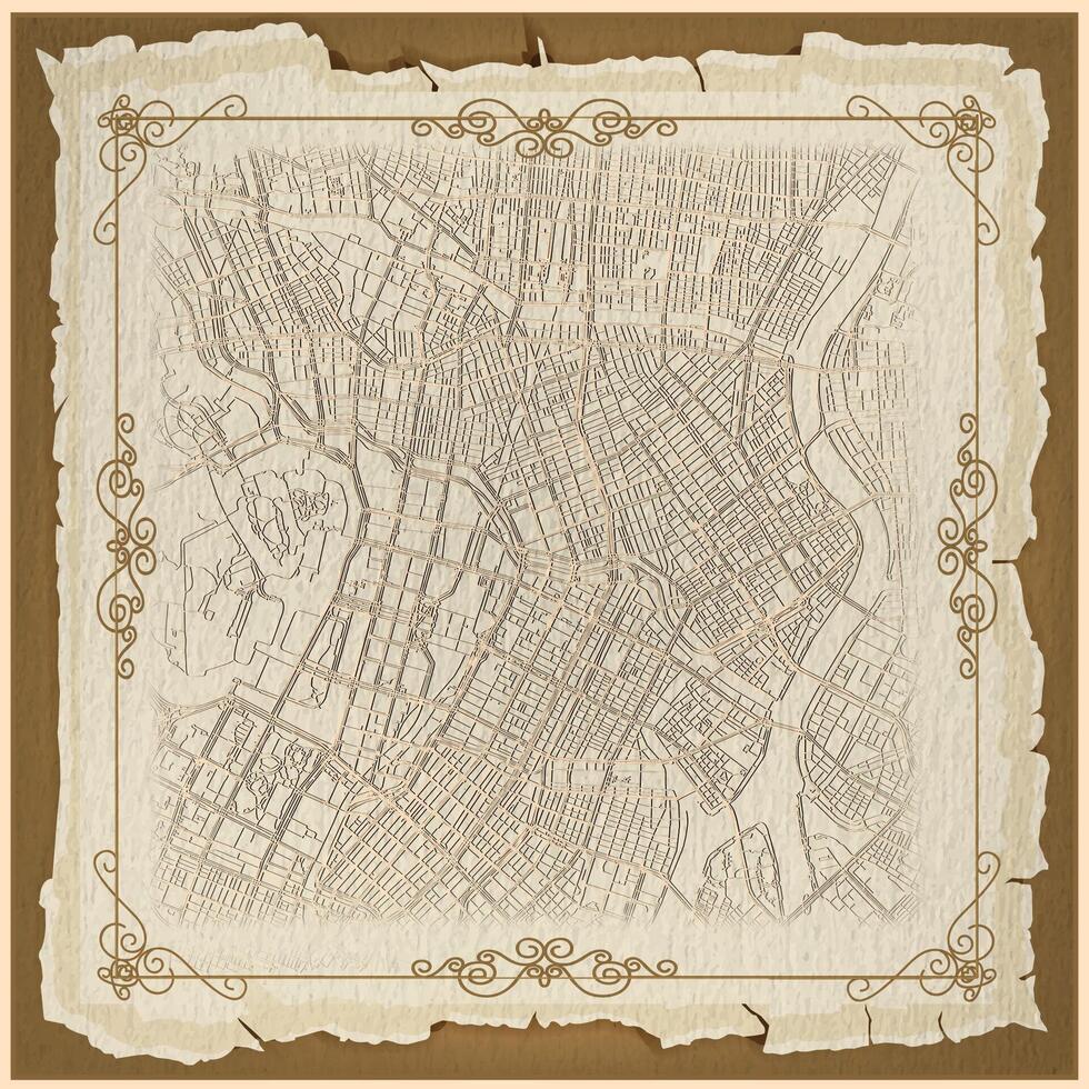 A vintage design background frame for a center city street map of Tokyo Japan, , golden filigree patterns,and canvas texture to give it a painting feel. vector