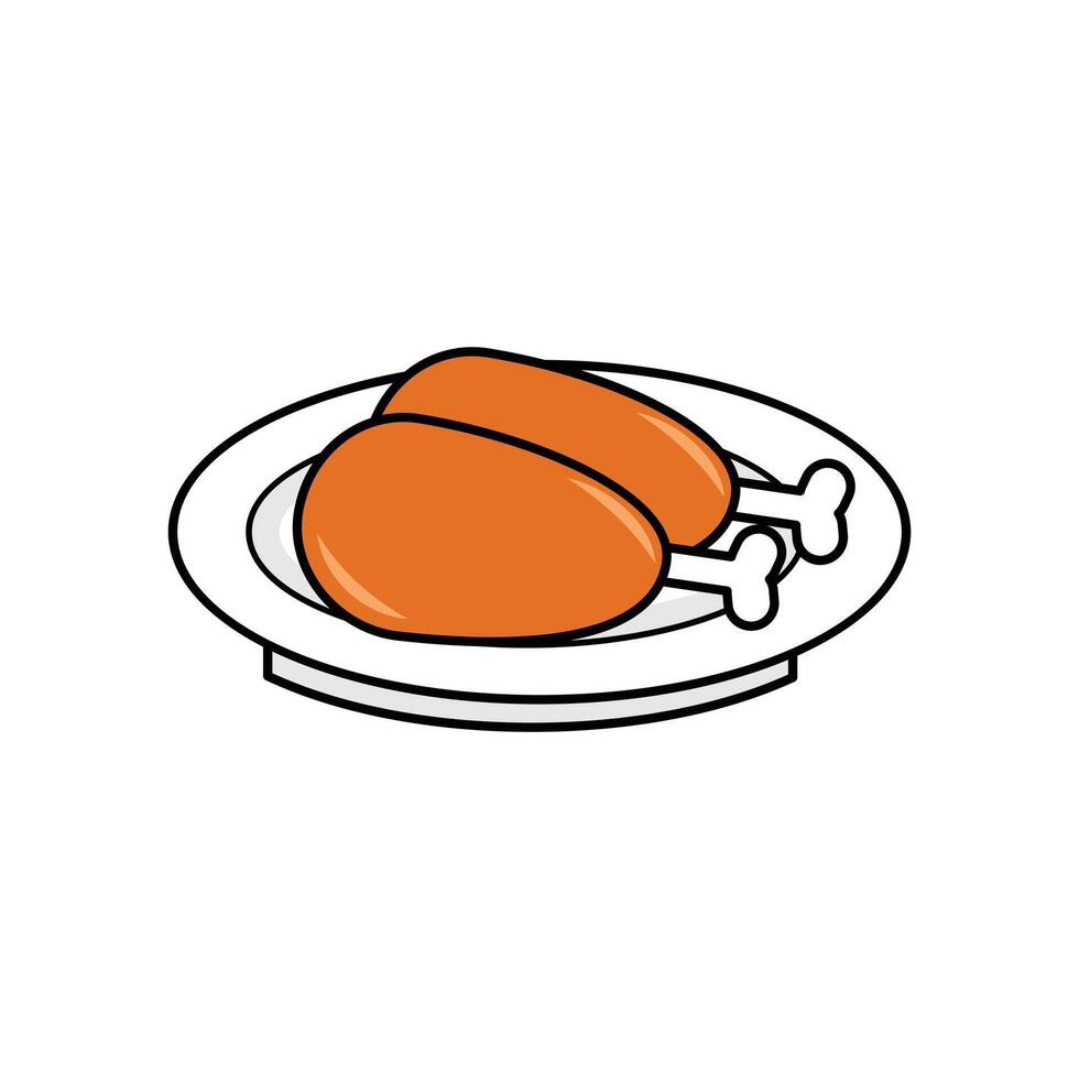 Roasted chicken icon on the plate. Thanksgiving day and cooking theme. Isolated design. Delicious fried chicken thigh, drumstick chicken. Food illustration element design vector