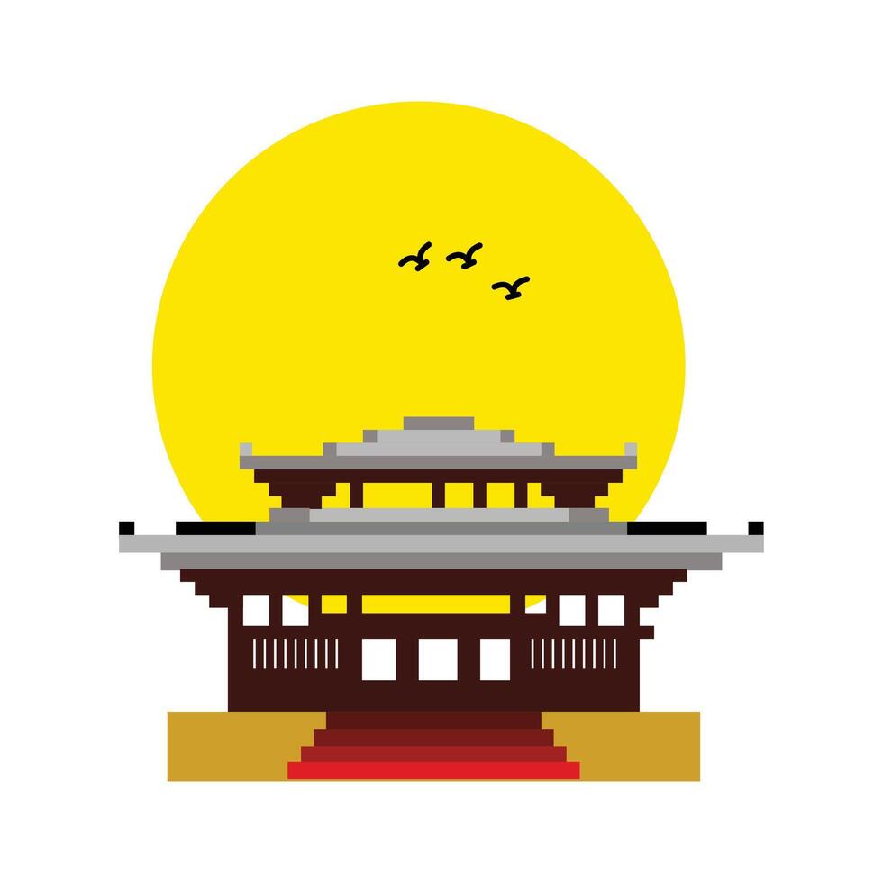 Japanese temple on the background of the sun. A temple or shrine of Japanese traditional treasure. A hallmark of the nation long, treasured history, vector
