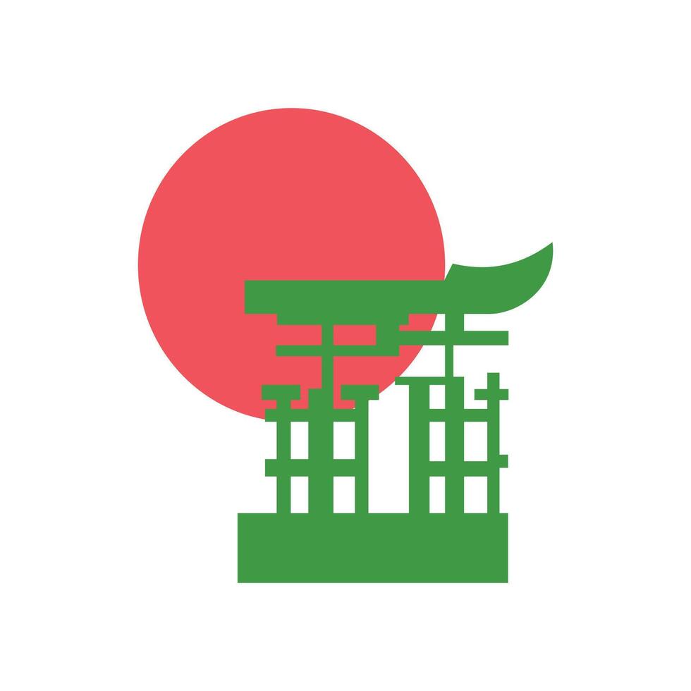 Japanese temple icon isolated on the sunset background. A temple or shrine of Japanese traditional treasure. A hallmark of the nations long, treasured history, vector