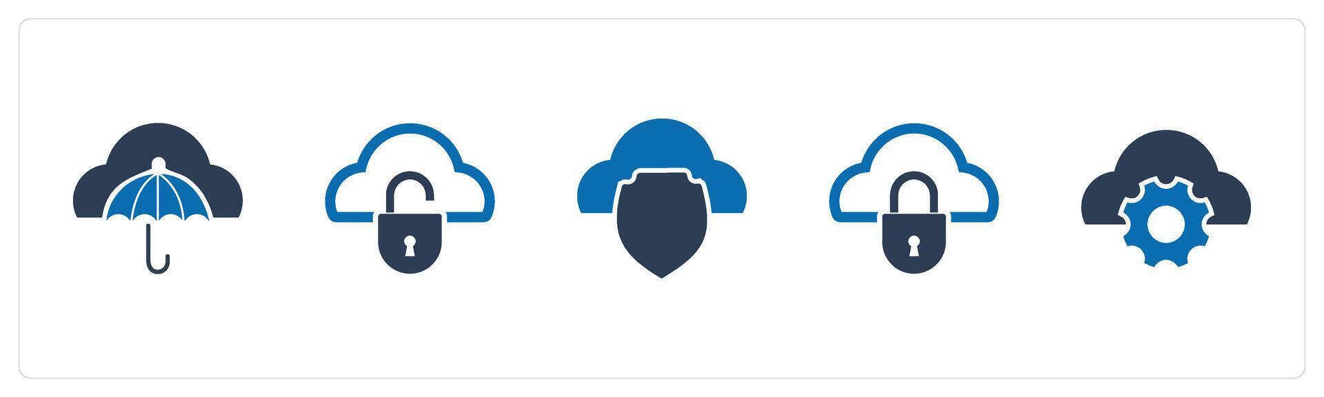 A set of 5 Internet icons as cloud protection, cloud security, cloud setting vector