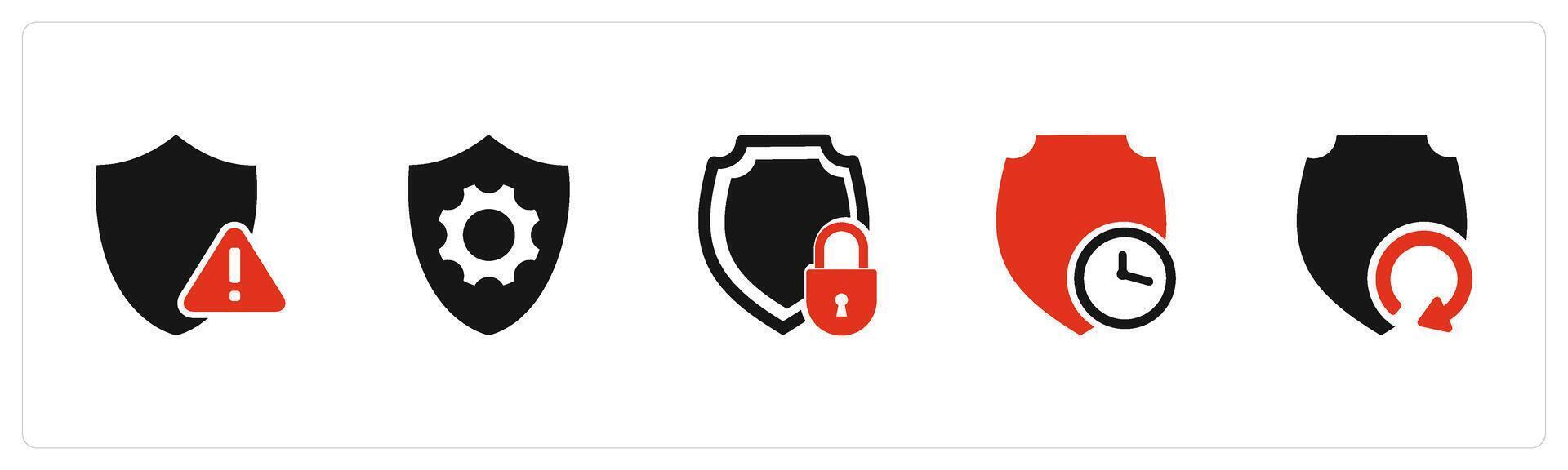 A set of 5 Internet icons as shield error, security setting, security, shield time vector