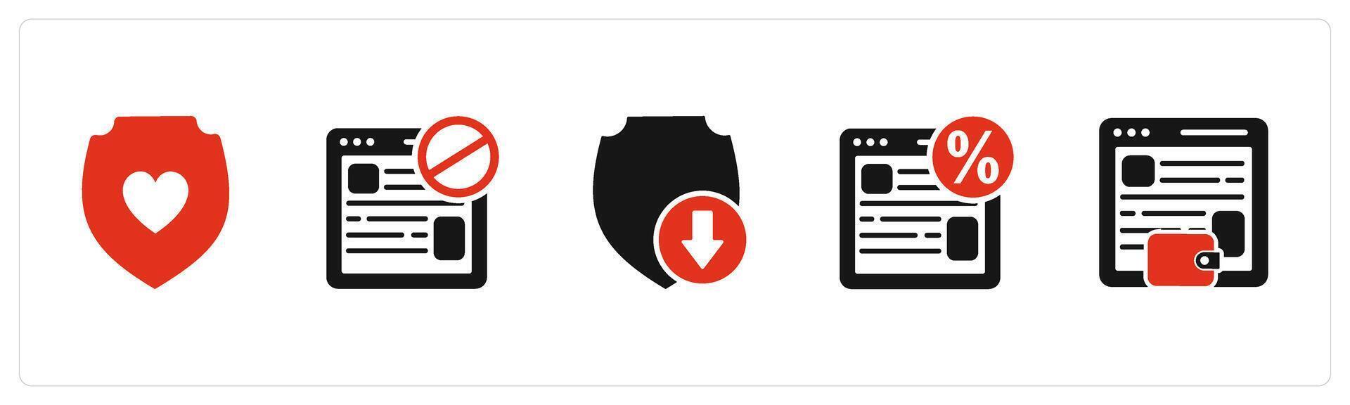 A set of 5 Internet icons as favorite shield, webpage prohibited, download shield vector