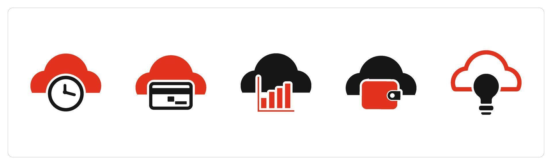 A set of 5 Internet icons as cloud time, cloud card, cloud statistics vector