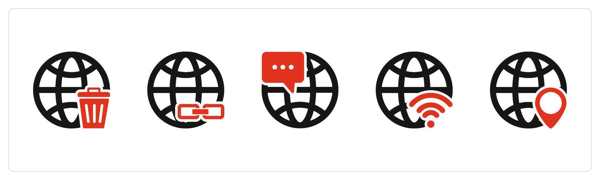 A set of 5 Internet icons as trash globe, link global, global message vector