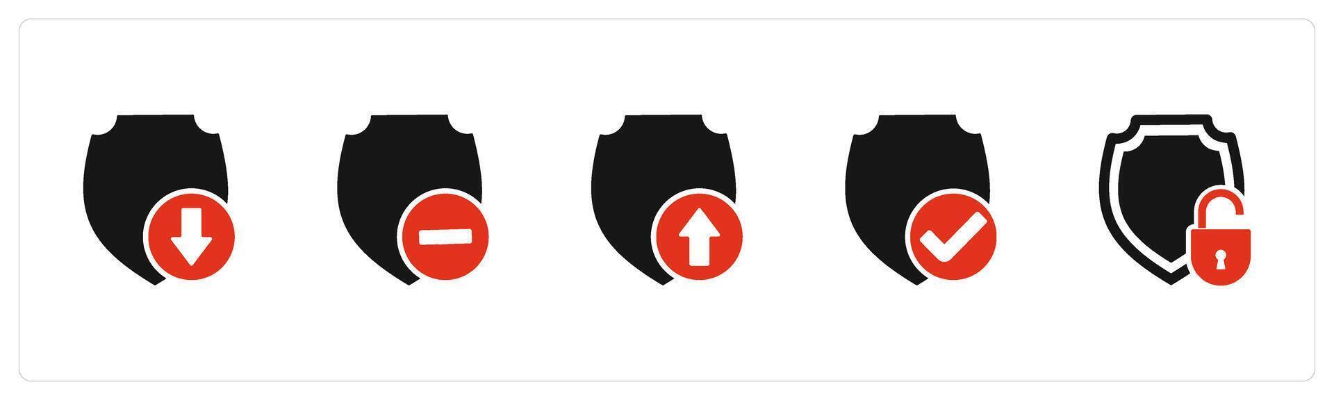 A set of 5 Internet icons as download shield, remove shield, upload shield vector