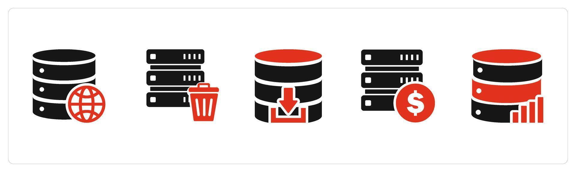 A set of 5 Internet icons as global server, trash server, download server vector