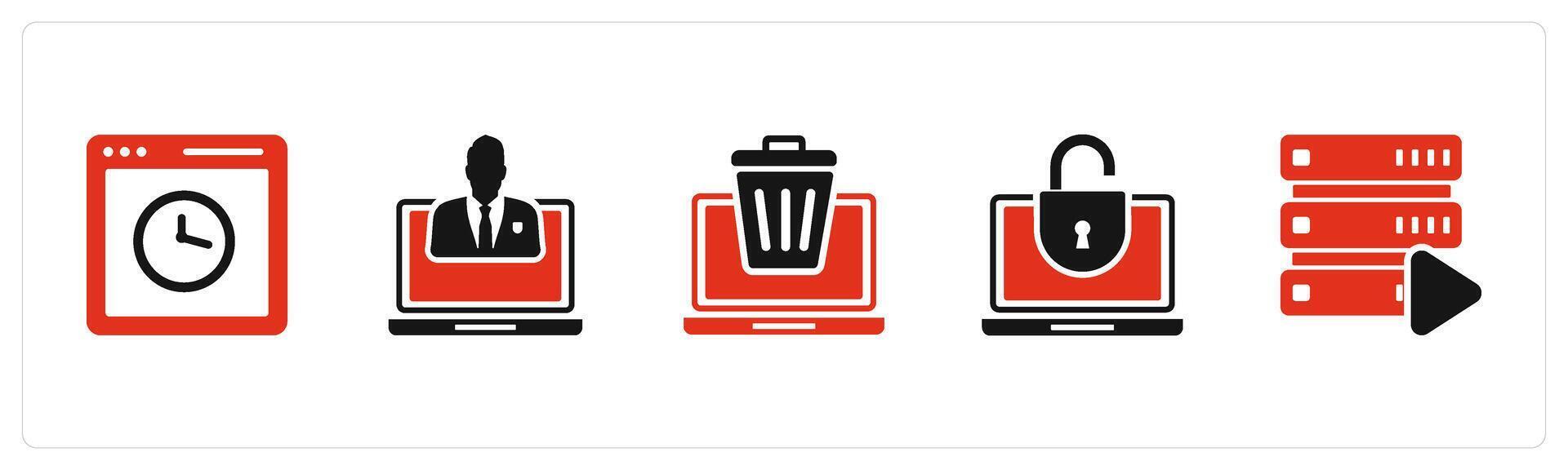 A set of 5 Internet icons as webpage time, private laptop, remove laptop vector