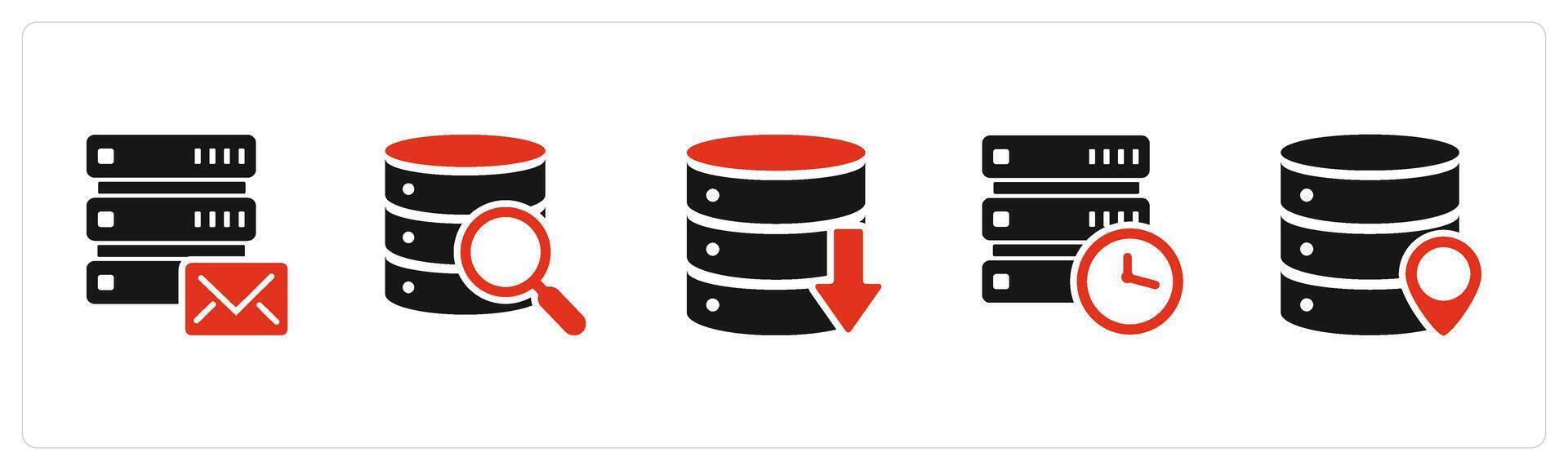 A set of 5 Internet icons as server message, global search, download server vector
