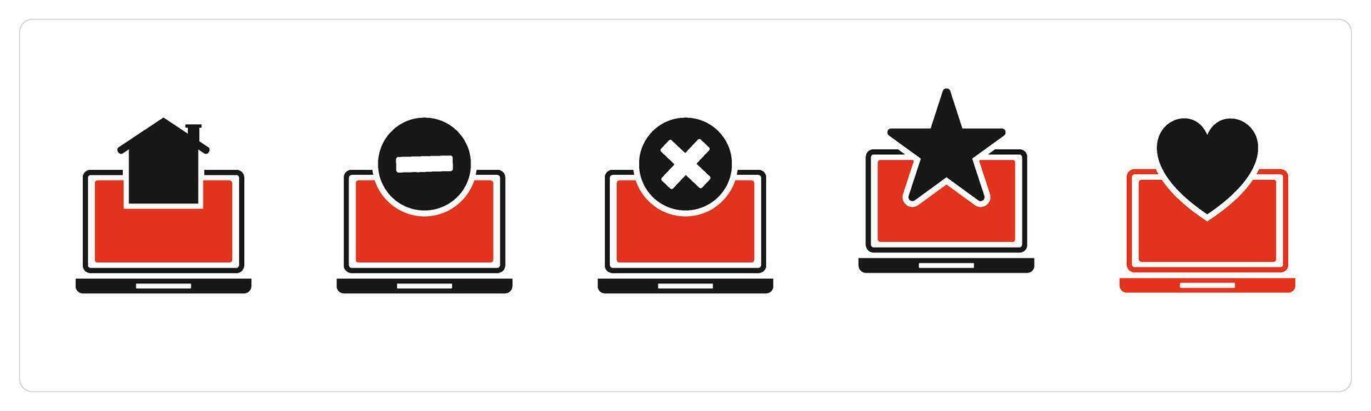 A set of 5 Internet icons as home laptop, remove laptop, wrong laptop vector