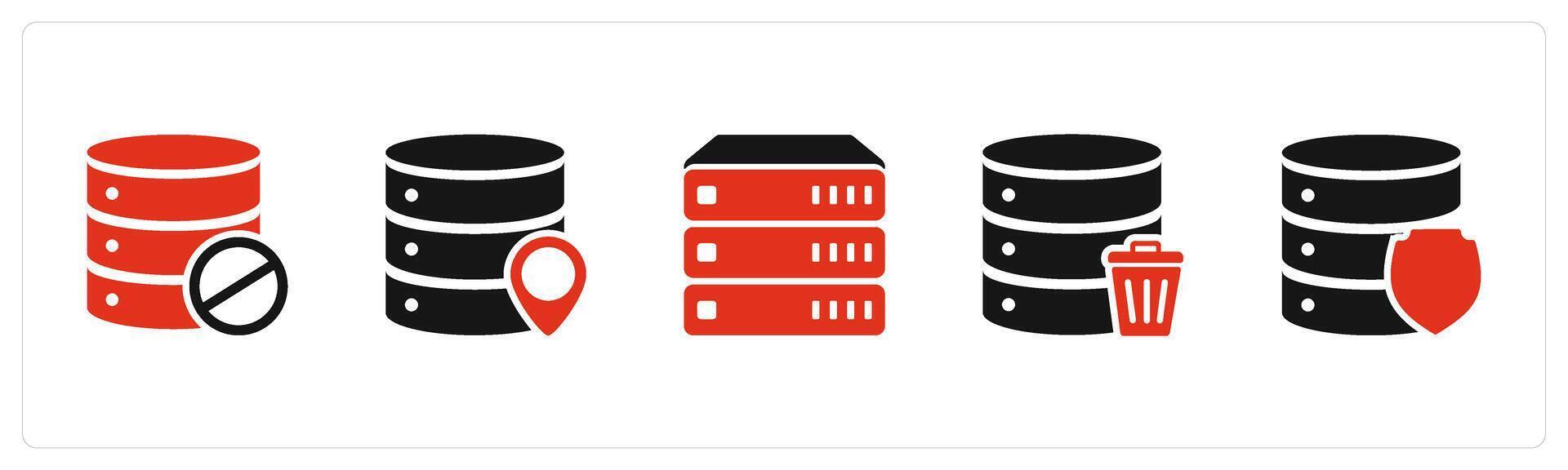 A set of 5 Internet icons as server prohibited, server location, database vector