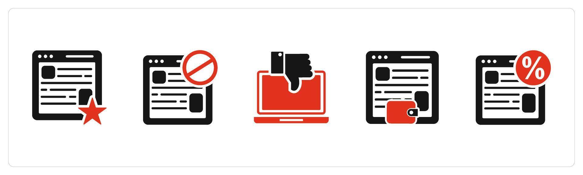A set of 5 Internet icons as favorite webpage, webpage responsive, dislike laptop vector