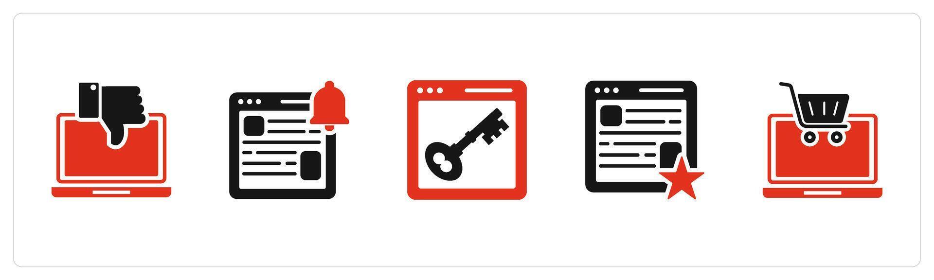 A set of 5 Internet icons as dislike laptop, webpage notification, webpage protection vector