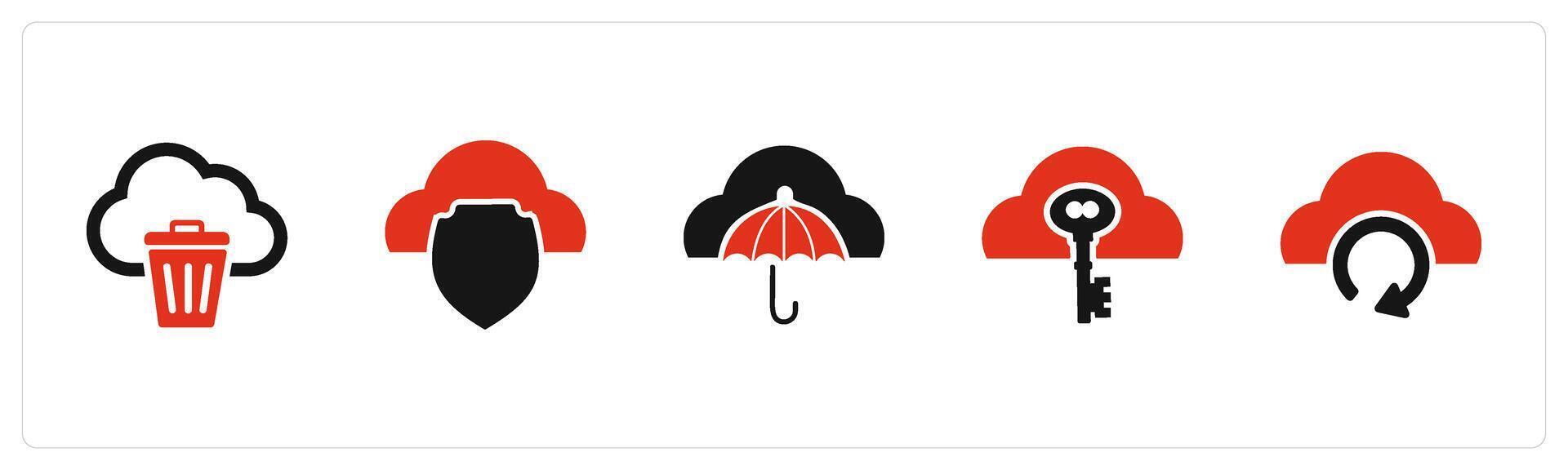 A set of 5 Internet icons as trash cloud, cloud security, cloud insurance vector