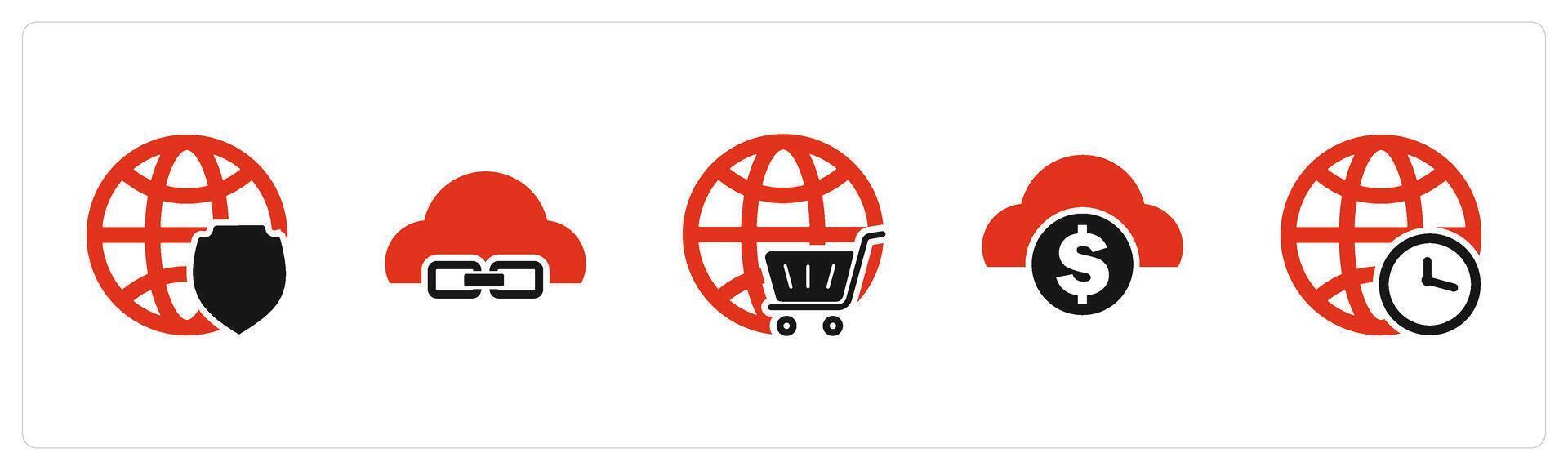A set of 5 Internet icons as global security, link cloud, global cart vector