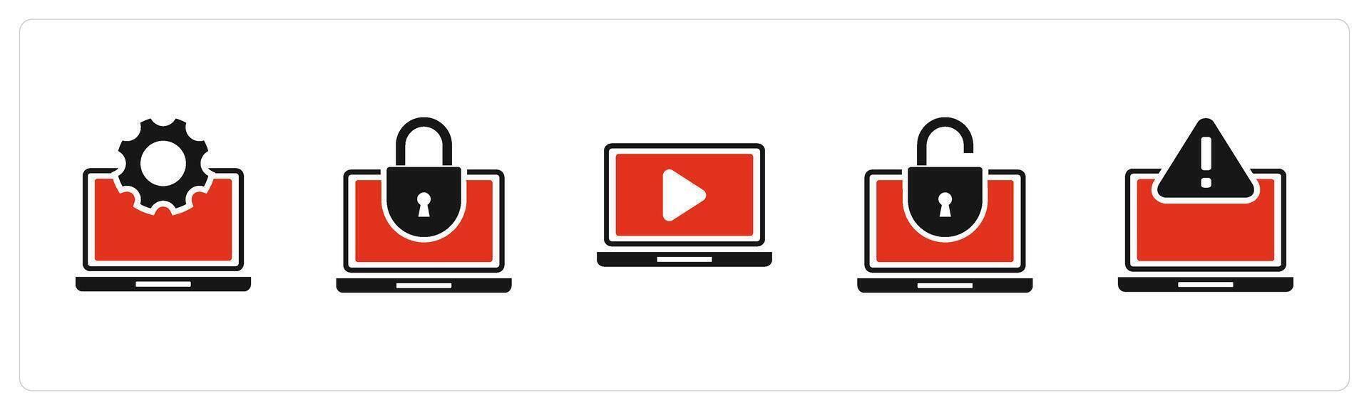 A set of 5 Internet icons as laptop settings, laptop protection, online vector