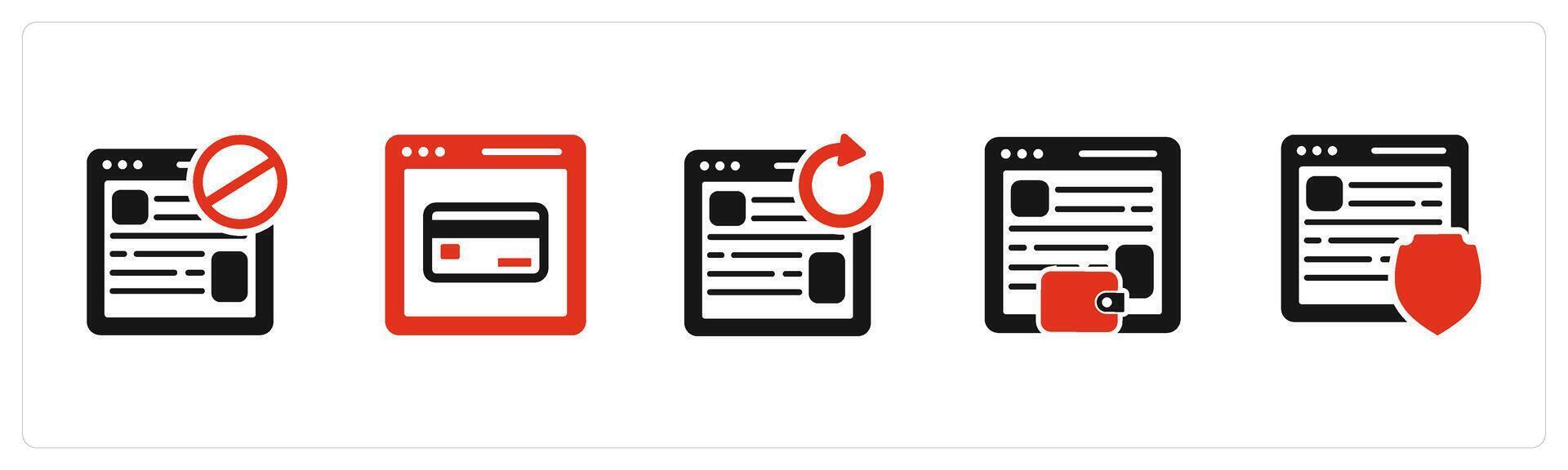 A set of 5 Internet icons as webpage prohibited, online payment, update webpage vector
