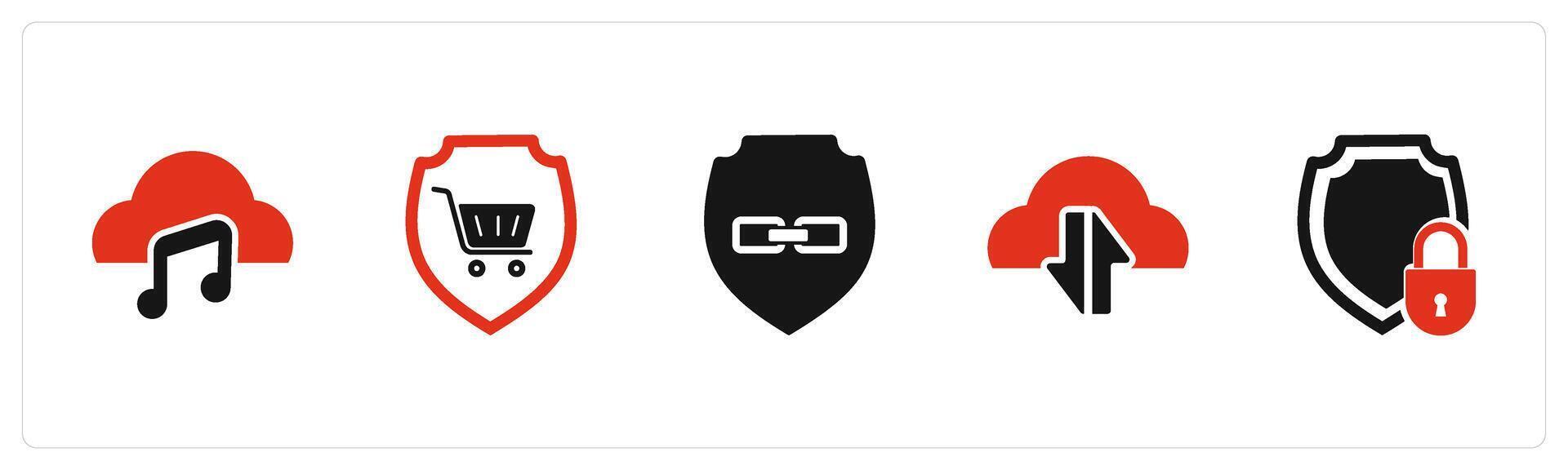 A set of 5 Internet icons as music cloud, shopping shield, link security vector