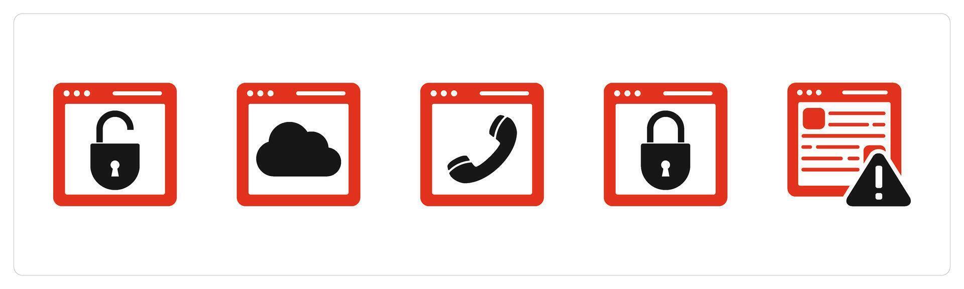 A set of 5 Internet icons as webpage protection, cloud webpage, online call vector