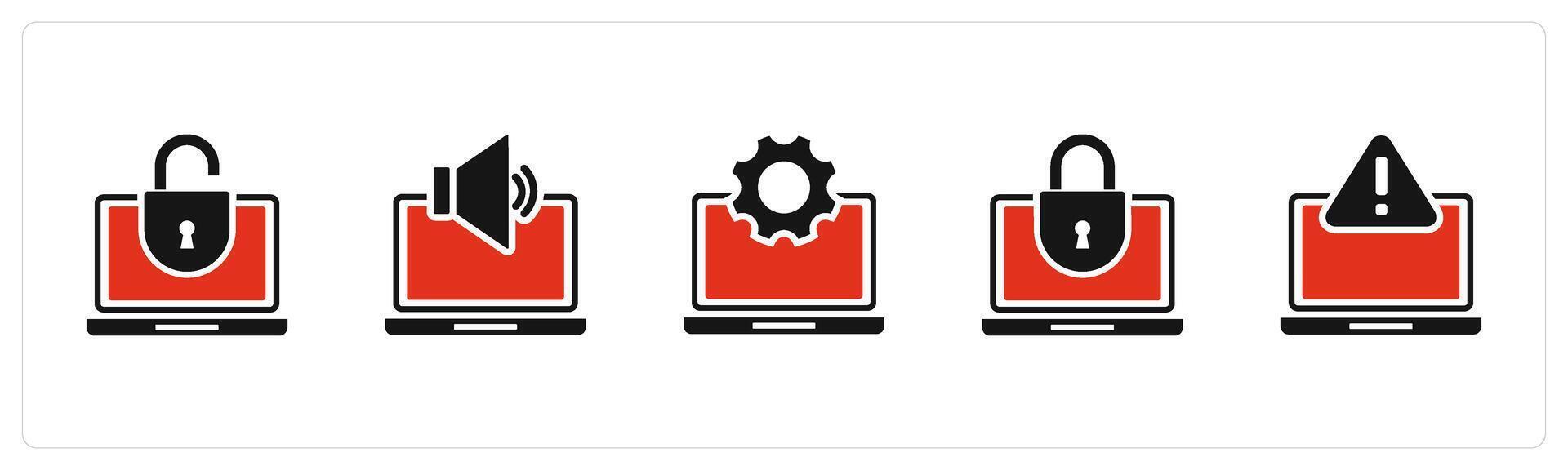 A set of 5 Internet icons as laptop protection, laptop volume, laptop settings vector